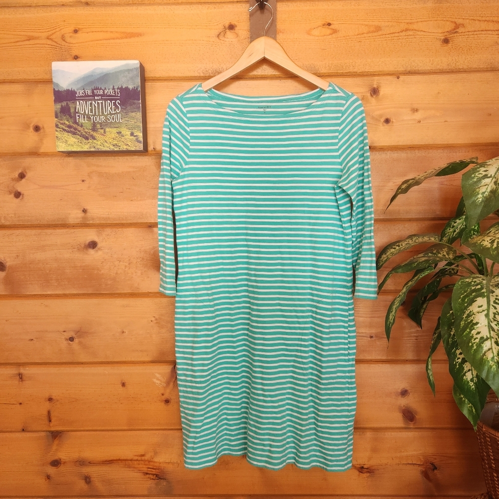 Garnet Hill 💜 Knit Stripe Green Tshirt Shift Boatneck Dress 3/4 Comfy Pockets 6